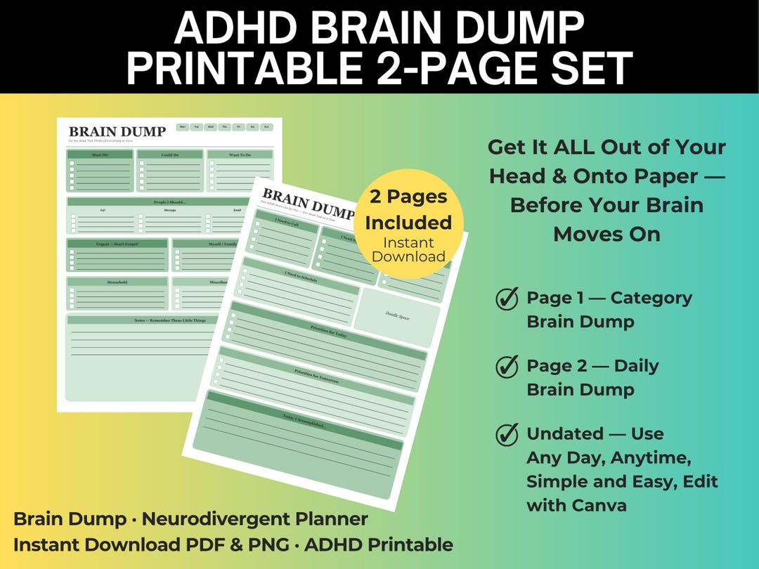 ADHD Brain Dump Printable 2-page Set | Neurodivergent Planner | Brain ...