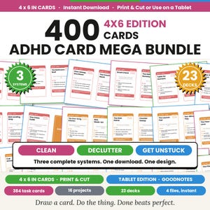 ADHD Card Mega Bundle 4x6: 400 Printable Cleaning Declutter and Focus Index Cards