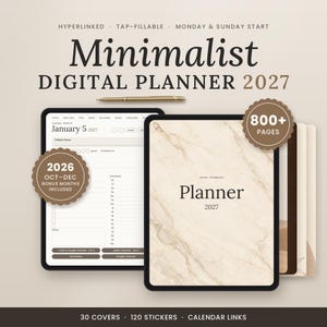 May include: A digital planner for 2027 displayed on two tablets with a gold stylus. The screen shows a daily schedule for January 5, 2027, and a marble-textured cover labeled Planner 2027. Text includes 800+ pages and 2026 Oct-Dec bonus months included.