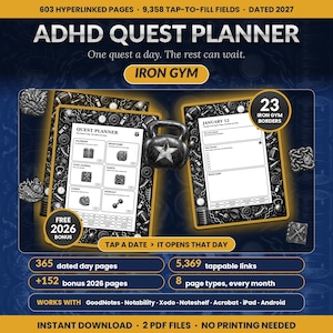 Puede incluir: Planificador ADHD Quest para 2027 con 603 páginas con hipervínculos y 9,358 campos para rellenar. El planificador digital incluye 365 páginas diarias fechadas, 23 bordes Iron Gym y un bono 2026 gratis. Compatible con GoodNotes y Android.
