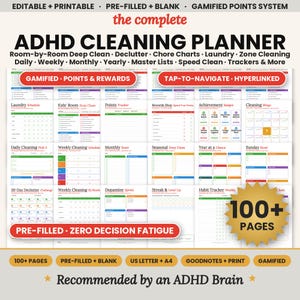 May include: The complete ADHD Cleaning Planner with over 100 pages, featuring editable and printable templates, gamified points systems, chore charts, laundry schedules, and decluttering trackers. Includes hyperlinked navigation for digital use.