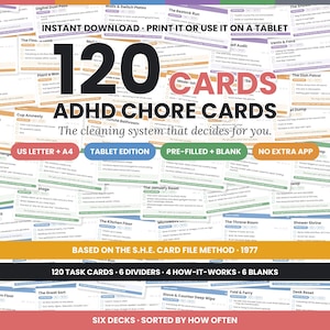 May include: A collection of 120 ADHD chore cards featuring task lists, checkboxes, and headings like The Restock Run and The Dish Patrol. The cards are white with black text and orange accents, designed for cleaning organization and task management.