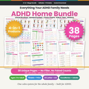 May include: A 38-page ADHD home bundle featuring printable visual routines, reward systems, and chore charts. The collection includes 4-in-1 products with editable pages for kids and teens, compatible with GoodNotes and Adobe in US Letter size.