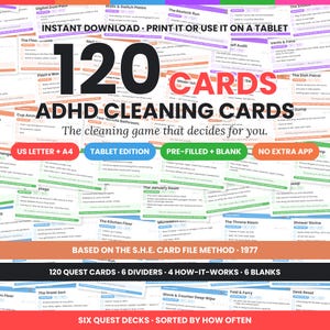 May include: A collection of 120 ADHD cleaning cards featuring various household tasks, checklists, and instructions. The cards are organized into quest decks with titles like The Kitchen Floor and The Throne Room, designed for digital or print use.