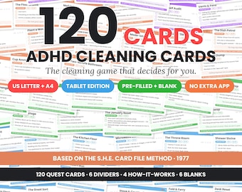 Puede incluir: Una colección de 120 tarjetas de limpieza para TDAH que incluyen diversas tareas domésticas, listas de verificación e instrucciones. Las tarjetas están organizadas en mazos de misiones con títulos como The Kitchen Floor y The Throne Room, para uso digital o impreso.