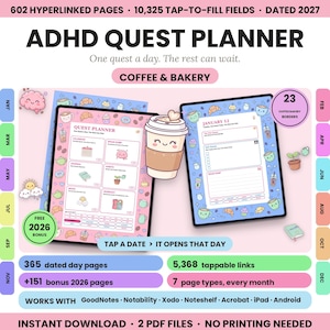 Könnte beinhalten: ADHD Quest Planner datiert auf 2027 mit 602 verlinkten Seiten und 10.325 ausfüllbaren Feldern. Der digitale Planer hat ein Kaffee- und Bäckerei-Thema mit niedlichen Illustrationen, täglichen Quest-Seiten und ist kompatibel mit GoodNotes und Notability.