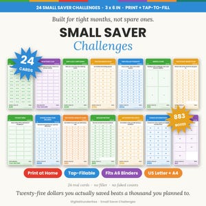 Könnte beinhalten: Ein Set aus 24 Small Saver Challenges Karten. Die Karten enthalten verschiedene Sparziele, Raster mit Geldbeträgen und Titel wie Payday Skim und Two Dollar Tuesdays. Enthält den Text: Print + Tap-to-Fill, 883 Boxes, Fits A6 Binders.