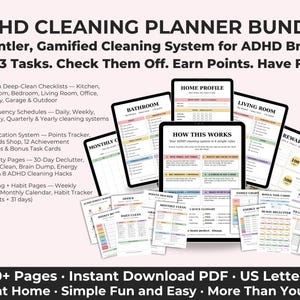 May include: An ADHD cleaning planner bundle featuring multiple digital tablet screens and printed pages. Text includes ADHD CLEANING PLANNER BUNDLE, A Gentler, Gamified Cleaning System for ADHD Brains, and various checklists for rooms, schedules, and rewards.