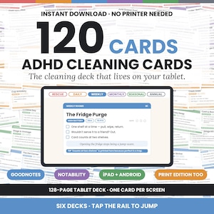 Könnte beinhalten: Ein digitales Set aus 120 ADHD-Reinigungskarten auf einem Tablet-Bildschirm. Die Benutzeroberfläche bietet Reiter für Notfall-, tägliche, wöchentliche, monatliche, saisonale und jährliche Aufgaben. Eine Beispielkarte zeigt The Fridge Purge.