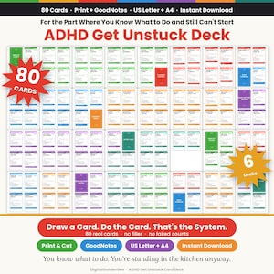 Peut inclure: Un jeu de cartes numérique ADHD Get Unstuck comprenant 80 cartes réparties en 6 jeux. Les cartes sont codées par couleur en vert, rouge, bleu, orange et violet, avec des textes de tâches. Inclut des étiquettes pour les formats A4 et US Letter.