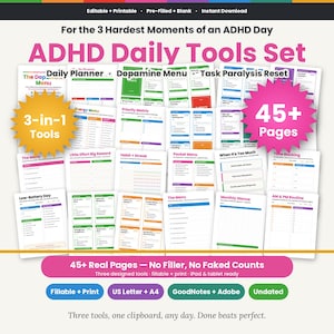 ADHD Daily Tools Printable Set | Dopamine Menu + Daily Planner + Task Paralysis Reset | Executive Function Kit | Neurodivergent Adult PDF