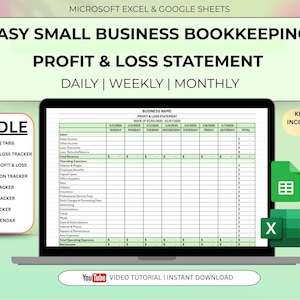 以下が含まれることがあります： ノートパソコンの画面には、中小企業向けの損益計算書のテンプレートが表示されています。 テンプレートには、日次、週次、月次の追跡用のセクションが含まれており、11個のタブがバンドルされています。 画像には、ExcelとGoogle Sheetsのアイコンも含まれています。