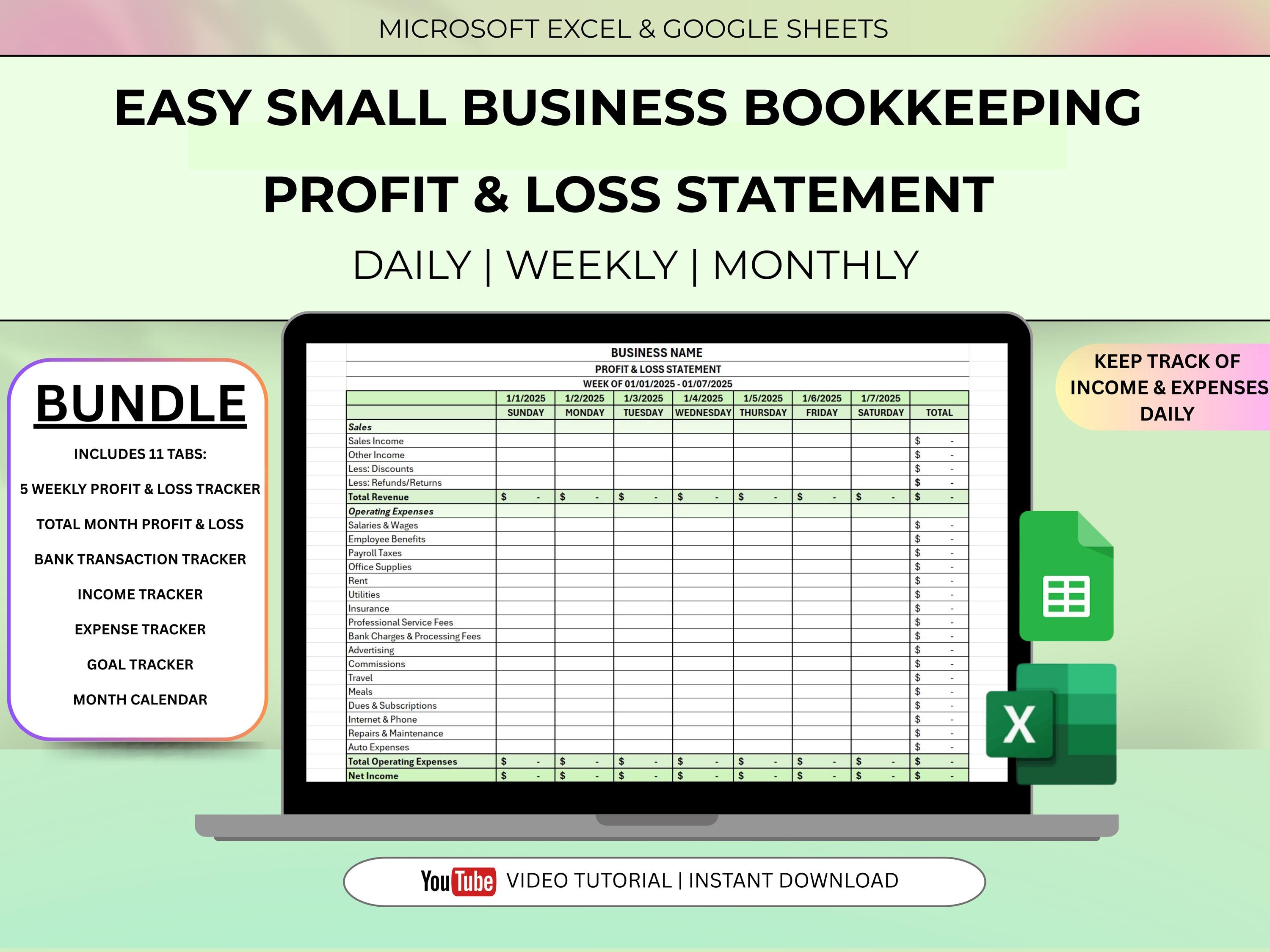 Small Business Daily & Monthly Profit and Loss Workbook, Income Expense Tracker (Excel, Google Sheets)