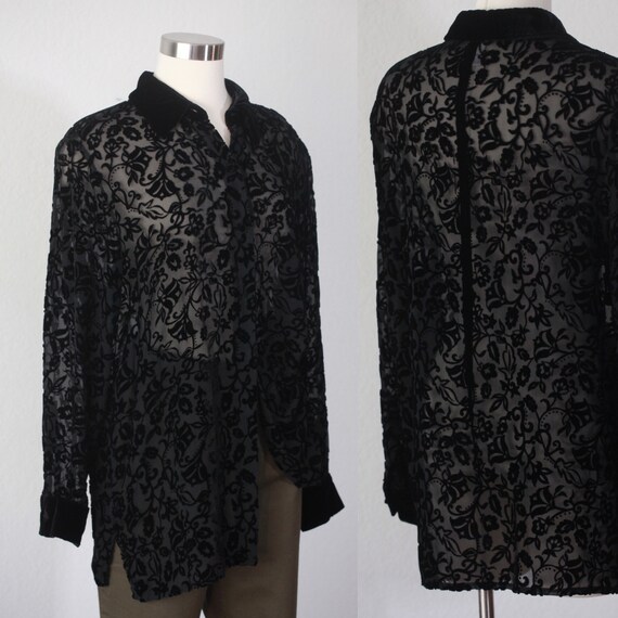 black silk velvet floral sheer blouse