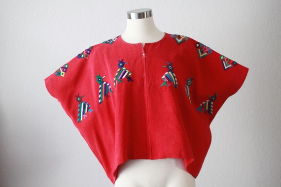 Red Cotton Guatemalan Huipil - Geometric birds