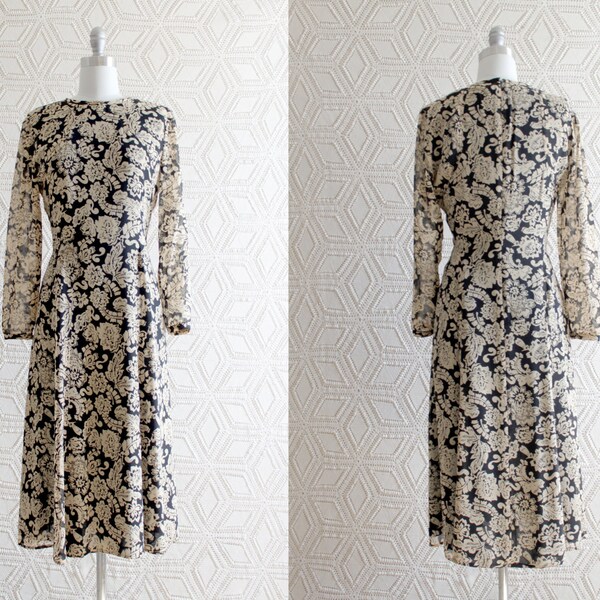 1990s Vintage Floral Dress / Black and Beige Flared Dress