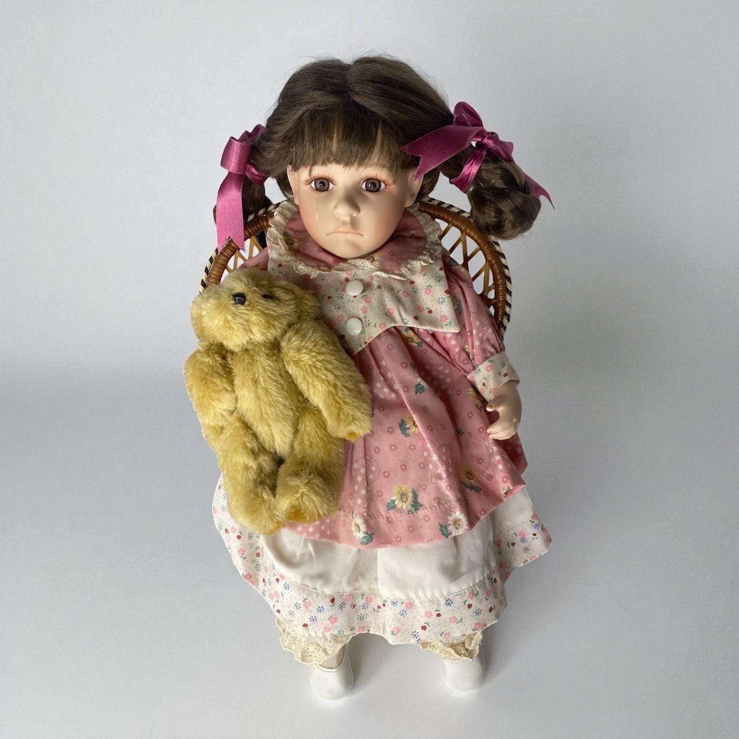 Crying Porcelain Doll on Chair, Vintage Leonardo Collection, Bee