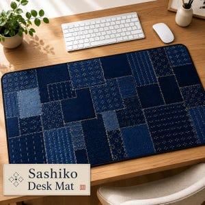 Sashiko Desk Mat, Japanese Patchwork Mouse Pad, Indigo Desk Pad, Extended Mouse Pad, Japanese Textile Decor, Office Gift