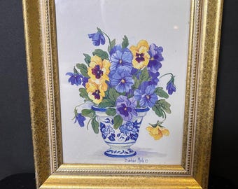vintage Barbara Mock print titled "Blue and White Porcelain Pansies,"