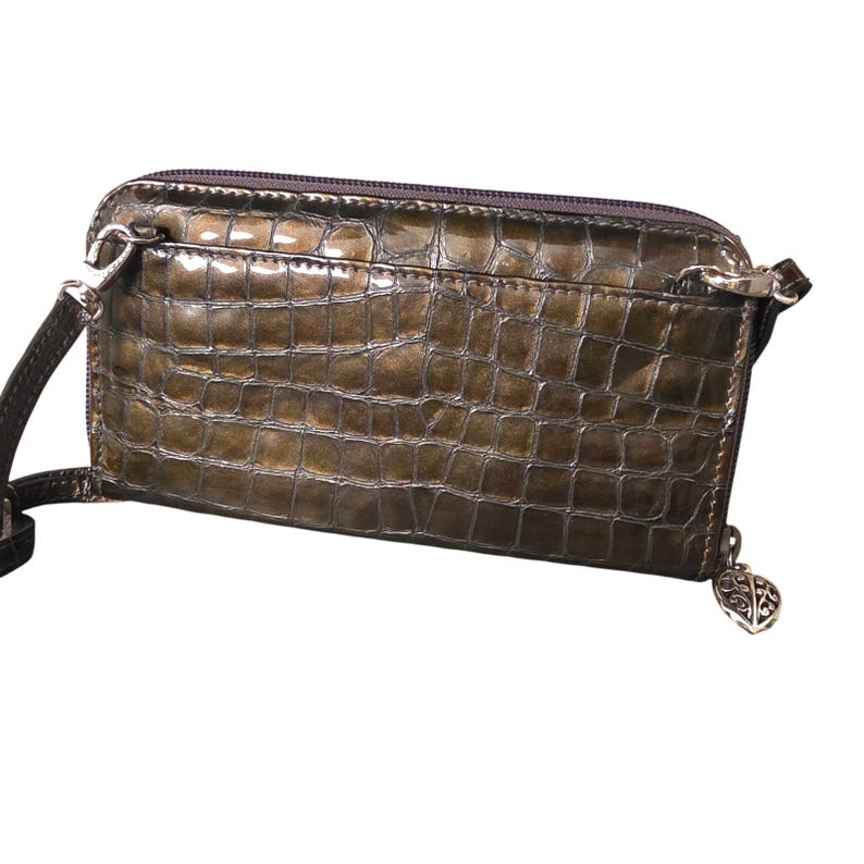 Brighton Metallic Bronze Croc Embossed Leather Crossbody Wallet Bag Olive Safari immagine 3