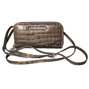 Brighton Metallic Bronze Croc Embossed Leather Crossbody Wallet Bag Olive Safari immagine 1