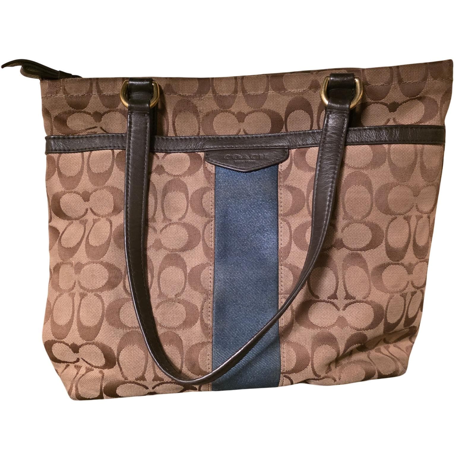 Coach Signature C Stripe Tote Bag Brown Canvas Leather Trim Gold 