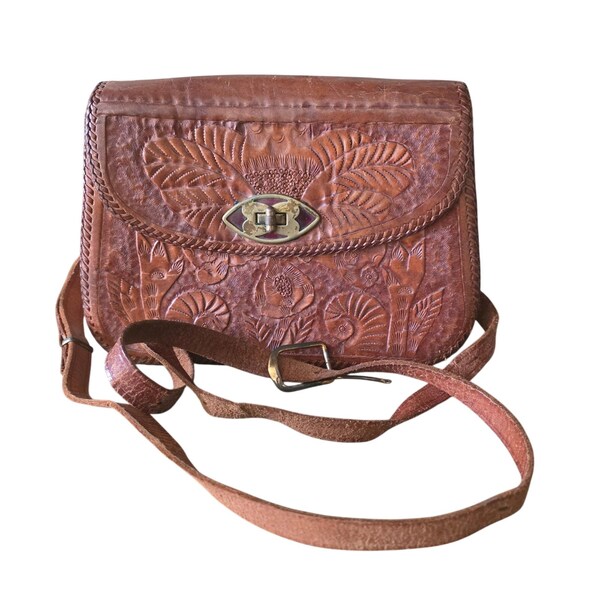 Vintage Embossed Leather Floral Crossbody Bag Brown Shoulder Purse