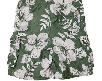 Vintage Y2K Abercrombie & Fitch Mens Green Floral Hibiscus Cargo  Swim Trunks 32