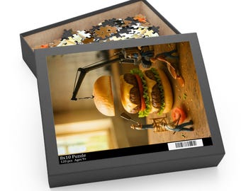 Rompecabezas de hamburguesas / Pequeños trabajadores armando hamburguesas / Arte de comida en miniatura caprichoso