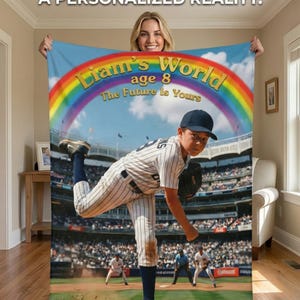 May include: A personalized blanket with a baseball theme, showing a boy pitching. The blanket includes a rainbow and the text "Liam's World age 8 The Future Is Yours". The top of the blanket has the text "MAKE THEIR HEROIC DREAMS A PERSONALIZED REALITY."