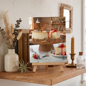 Postal en miniatura de construcción de tarta de queso - Arte de postres para pequeños constructores - Decoración de pared de cocina original - Idea de regalo única para reposteros