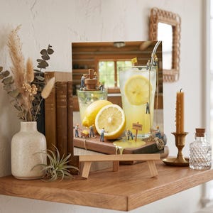May include: A square art print on a wooden easel featuring a miniature scene of tiny construction workers preparing lemonade. The image shows yellow lemons, a glass of lemonade with a lemon slice, and a small sign labeled Lemonade on a board.