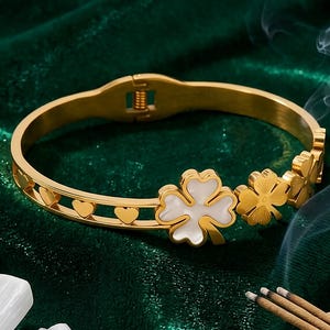 Reiki Infused Lucky Clover Bangle Bracelet, Mother of Pearl Four Leaf Clover Jewelry, Spiritual Protection Good Luck, Gold Cuff Yoga Gifts