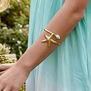 Upper Arm Cuff with Starfish, Pearl Ocean Crystals, Reiki Infused Mermaid Armlet, Goddess Jewelry, Boho Beach Wedding Arm Band, Yoga Gifts