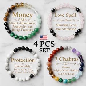 Protection Bracelet Set, Money, Love, Evil Eye & 7 Chakra Crystal, 4pc Bundle, Reiki Infused, Spiritual Gift for Her Him, Yoga Gifts