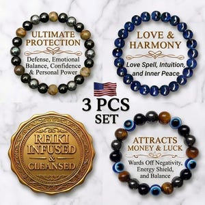 Triple Protection Bracelet Set - Attracts Money, Luck, Evil eye, Spiritual Shield, Tiger's Eye, Obsidian, Healing Jewelry, Yoga gifts