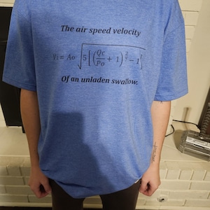 May include: Blue t-shirt with the text "The air speed velocity" and a mathematical formula, followed by "Of an unladen swallow." The shirt is a solid blue color.