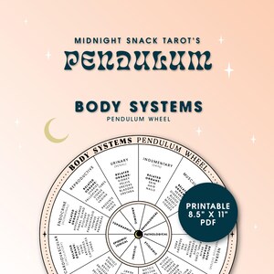 May include: A printable 8.5" x 11" PDF pendulum wheel with body systems, featuring text such as "Midnight Snack Tarot's Pendulum" and "Body Systems Pendulum Wheel." The wheel includes anatomical and physiological sections.