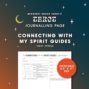 Może przedstawiać: Drukowana strona do dziennika tarota w formacie PDF 21,6 x 27,9 cm zatytułowana "Connecting with My Spirit Guides". Projekt zawiera półksiężyc, gwiazdy i tekst w stylizowanej czcionce. Strona zawiera podpowiedzi do odczytów kart tarota.