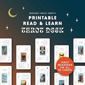 Może przedstawiać: Obraz promocyjny dla drukowanej talii kart tarota. Projekt zawiera półksiężyc, gwiazdy i kilka kart tarota. Tekst brzmi "Midnight Snack Tarot's Printable Read & Learn Tarot Deck" i "Tarot Meanings on All 78 Cards!"