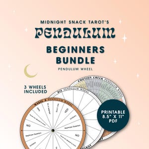 Op de afbeelding: Een bundel van beginnerswielen voor pendels met de tekst "Midnight Snack Tarot's Pendulum Beginners Bundle". De afbeelding bevat drie wielen, één met de tekst "Magic 8 Pendulum Wheel" en een andere met de tekst "Emotion Check Pendulum Wheel". De wielen zijn 21,6 cm x 28 cm PDF printbaar.
