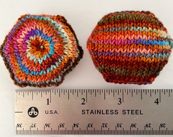 Hand knitted Hexipuffs