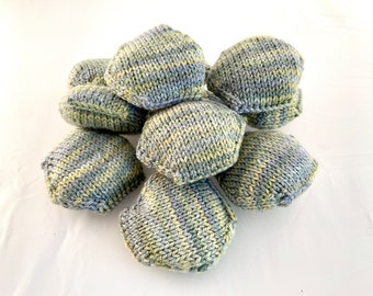 Hand knitted Hexipuffs