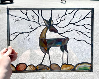 Winter Deer Tree with Agate Slices Stained Glass