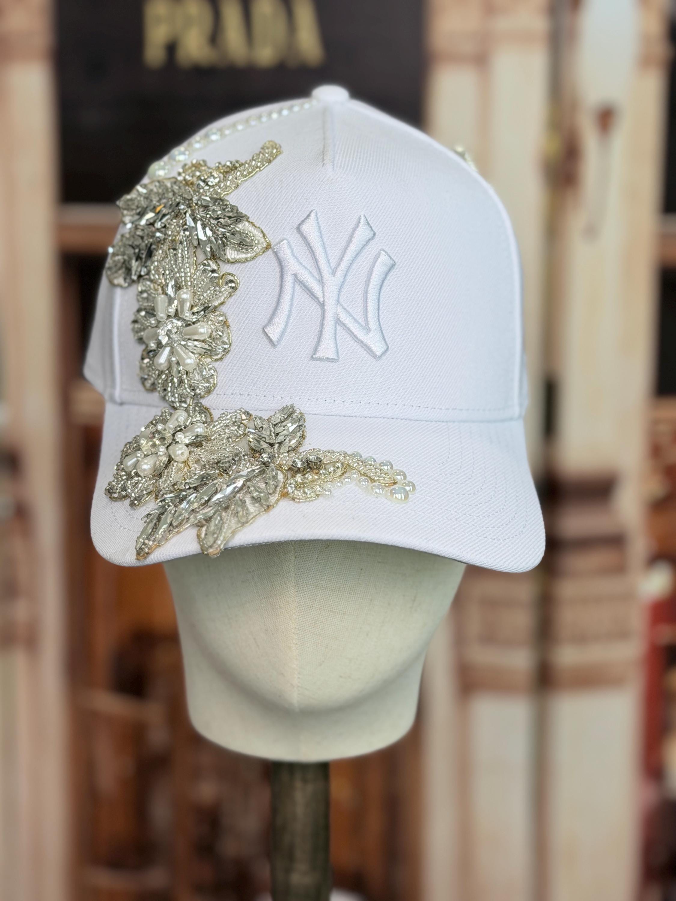 Custom White on White NY Snapback Hat: Hand-Embellished with Crystal &…