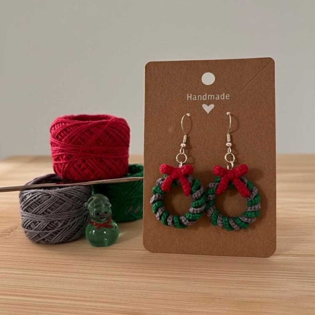 Crochet Christmas Wreath Earrings | Handmade Holiday Jewelry