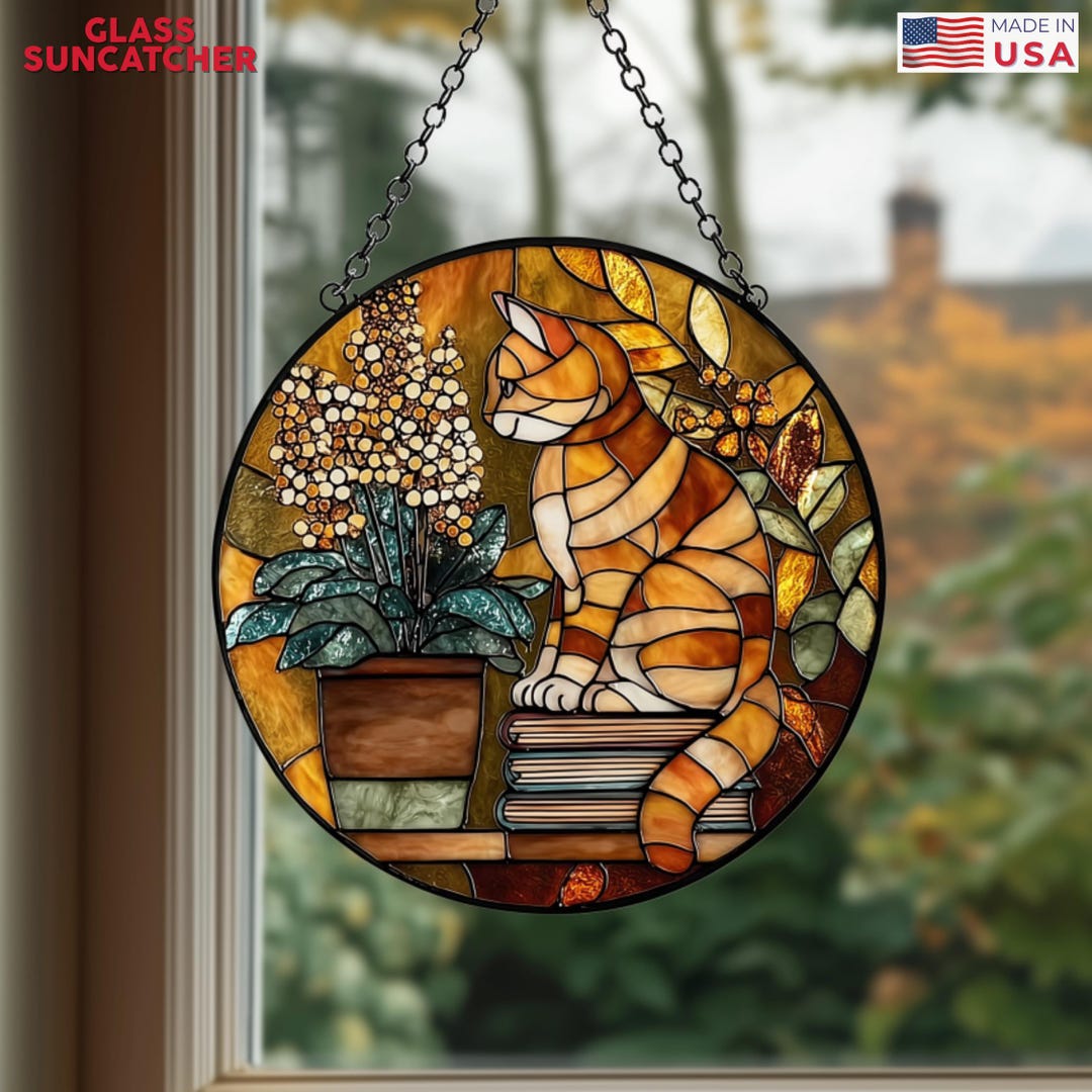 Custom Cat Stained Glass Suncatcher, Orange Tabby Cat Window Hanging ...