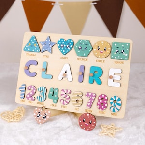 Personalized Wooden Name Puzzle, Shapes, Numbers, Toddler Learning Toy