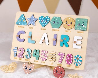 Personligt träpussel med namn, former, siffror, läroleksak för småbarn
