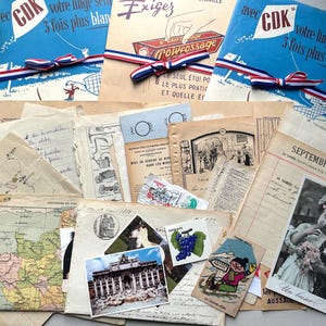 Impressionantes pacotes de itens escolares vintage franceses, sacolas de presentes, papéis de referência de caligrafia antiga